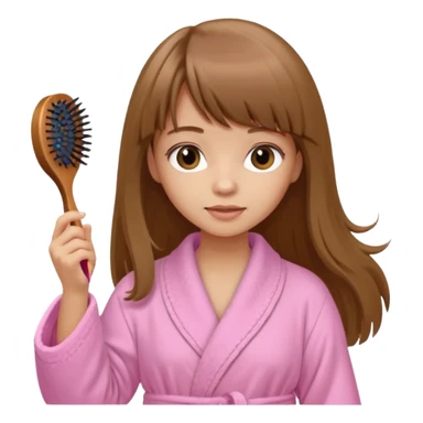 a girl with light skin and medium brown long hair with bangs who is brushing her hair with a hairbrush and she is wearing a light pink bathrobe sticker