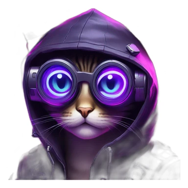 Russian cat wearing a black hoodie with "OMG" letters on it and VR headset in a cyberpunk VR environment with violet neon lighting. sticker