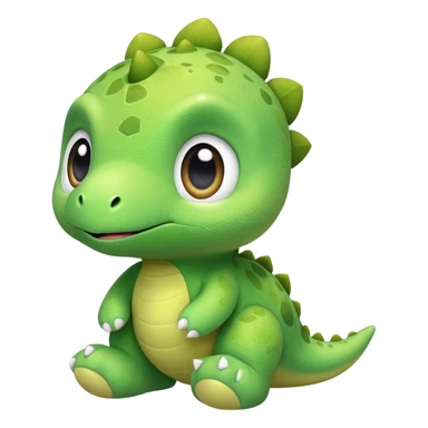 A tiny green baby dinosaur plush toy with extra large head and eyes sticker