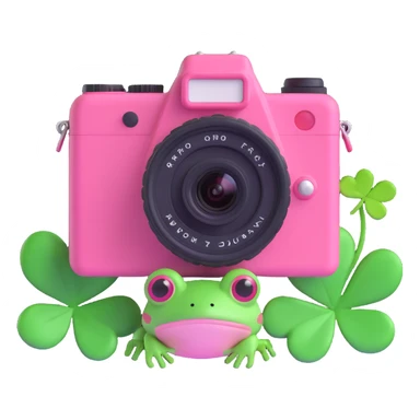 A vibrant pink camera with a green frog on the screen and green clovers around sticker