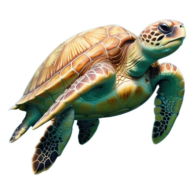 Cinematic Noble Sea Turtle Portrait Emoji, Poised and wise, with a majestic, domed shell adorned with rich, textured patterns and a smooth, ancient body gliding gracefully through the water, deep, reflective eyes exuding calm wisdom, Simplified yet sharp and sophisticated features, highly detailed, glowing with a soft, oceanic glow, high shine, intelligent and graceful, stylized with an air of timeless marine majesty, focused and serene, soft glowing outline, capturing the essence of a watchful and confident sea guardian that appears ready to glide out of the screen with effortless authority! sticker