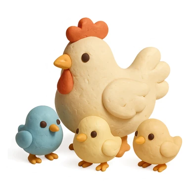 hen with baby chicks, soft pastel colors, visible fingerprints, matte plasticine look sticker