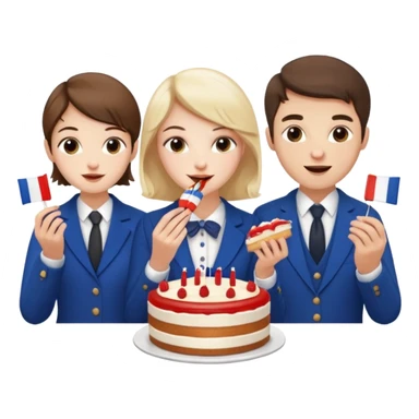 a french style elegant girl being recorded by 2 elegant guys with a french flag  and the girl eating a cake sticker
