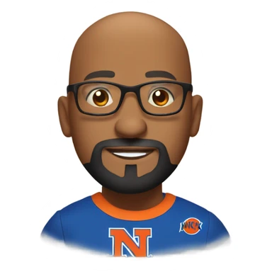 A Bald man with a beard, goatee, and glasses wearing a New York Knick tee shirt while throwing flames. sticker