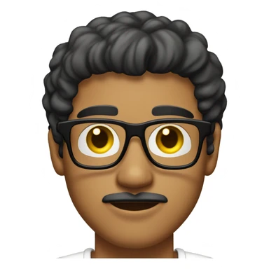 Latino man with mustache, 25 years old, weight 80 kilos.  with black frame glasses and yellow lenses. short haircut with bangs, gold earrings and white t-shirt. sticker