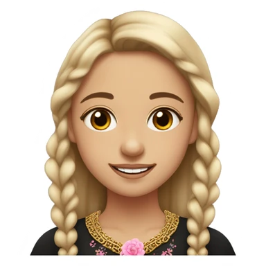 Slavic girl, light skin, brown eyes, black-to-blonde ombre straight tail, smiling with teeth, wearing beautiful dark blouse with a folk pattern of small pink flowers and gold necklace. sticker