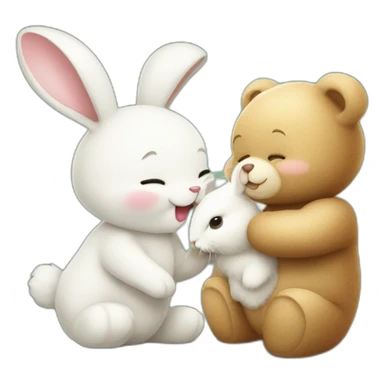 Friendly funny teddy bear kissing a white rabbit bunny sticker