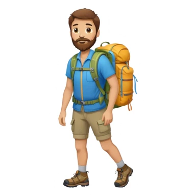 A man with brown hair and a three day beard wears s Rucksack with a birthday present. you see the full body. He wears hiking equipment. sticker