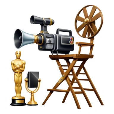 Professional icon for Directing: a collage featuring a director's chair, a film camera, a megaphone and an Oscar trophy. The icon should represent the craft and creativity of film directing, with emphasis on leadership and cinematic artistry. Transparent background. sticker