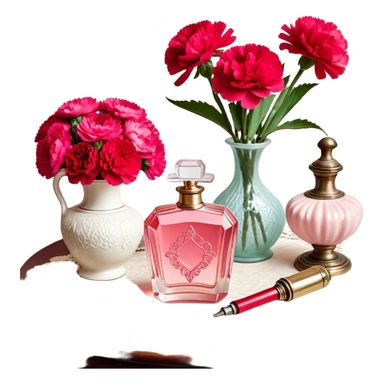 An ornate glass perfume bottle in Petal Pink with a vintage atomizer rests on an antique lace-covered table. Vibrant Strawberry Red carnations spill from a porcelain vase nearby, their fragrance mingling with the soft floral scent of the perfume.  sticker