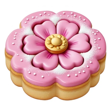 Realistic shortbread cookie in the shape of a camilia flower with pastel pink color jelly middle filling andkled powder sugar on top.emoj sprini sticker