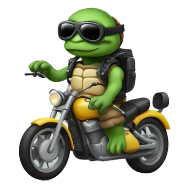A cartton turttle on a motorbike with a jet helmet and glases, from the front sticker