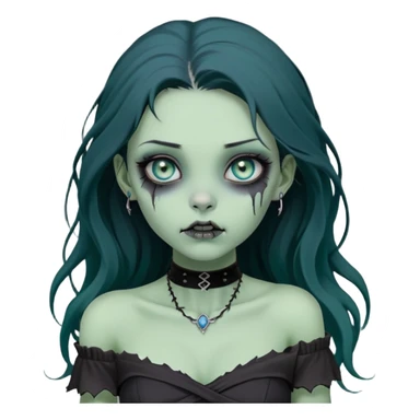 a soft, doll-like zombie girl with light sage green skin and big blue-green eyes, long black hair that swoops gently at the ends, a tiny silver nose stud and a delicate eyebrow piercing on the left side. she’s wearing an off-the-shoulder black top that shows her collarbones, sticker