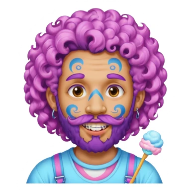 very colorful puffy violet curly haired man beard made out of cotton candy wearing teeth-braces and excessive face tattoos just face  sticker