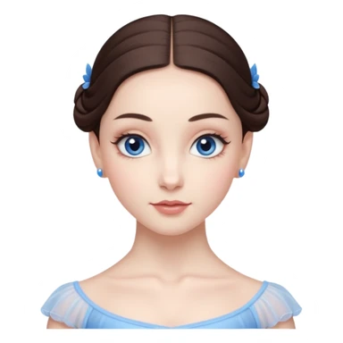 Realistic Ballerina Portrait, with porcelain-like skin featuring a natural rosy flush, illuminated by soft lighting that highlights the gentle contours of her face. Her Brunette hair flows in soft.Her deep blue eyes radiate framed by arched brows and long lashes. sticker