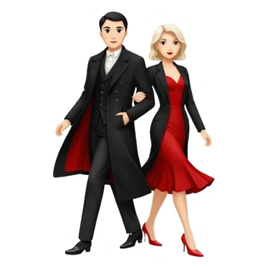 Ultra detailed realistic tango couple icon, black background, dramatic lighting, long black coat on man, white shirt and white shoes, red dress and white heels on woman, centered, minimal background, high contrast, 4K resolution, profile picture ready, sharp clean edges sticker
