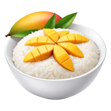 cinematic-realistic-mango-sticky-rice-dessert-emoji,-showcasing-sweet-sticky-rice out of a mould-paired-with-ripe-mango-slices-and-coconut-milk-rendered-with-lifelike-detail-and-warm,-inviting-lighting with the coconut  milk over the rice sticker