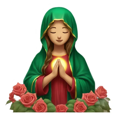 Virgin Mary: kind face looking down at the left, long brown hair, Wearing an emerald green  robe with gold stars and a burgundy red dress,  Hands in prayer or blessing. Halo around her head. standing in front of a big sun. colorful roses on the sides  sticker