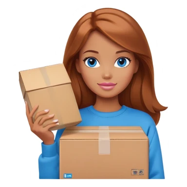 Barbie with shoulder-length reddish-brown hair, blue eyes with makeup, wearing a brown sweatshirt , stands with a parcel box sticker
