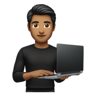     memoji of a man with a laptop in front, apple-style,modern,dark hair,black sweater,computer in hand, srilankan brown skin and dark brown eyes,  sticker
