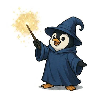 penguin wizard casting a spell, sparkles, robe sticker