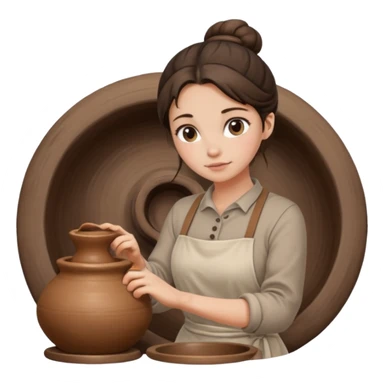 Brunette girl with a bun, behind the potter's wheel, wearing neutral clothing sticker