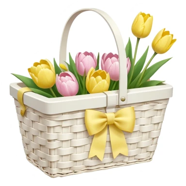 A white Picnic basket with yellow pastel bow, white peonie, tulips sticker