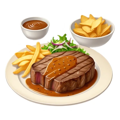 big juicy australian steak meal featuring chips, small salad in a ramikan and gravy in a small bowl on the plate sticker