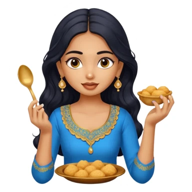 a pretty tan indian bratz girl with wavy long BLACK hair. eyeliner on, wearing a blue kurti, eating golgappa (without spoon) sticker
