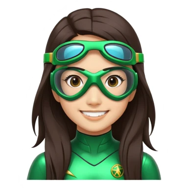 green Power Ranger, Asian girl with long straight dark brown hair, side part, big smile, scuba goggles sticker