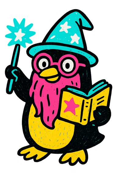 a stylized penguin wizard with glasses, a long beard, and a spellbook, in a bold, graphic style, pop colors style sticker