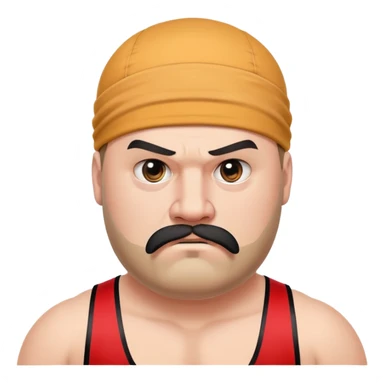 Close-up of very fat white skin guy with young face, beard and mustache, no muscle with prominent black durag, black eyes in a red and black wrestling singlet with angry face sticker