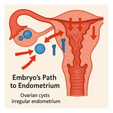 scientific illustration of embryo's path to endometrium with visual signals of hostility like arrows, barriers, red or blue colors, ovarian cysts and irregular endometrium, light background sticker