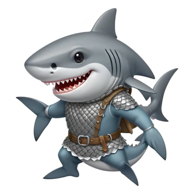 Anthropomorphic shark wearing a gambeson and chainmail coif with messy black hair smiling sticker
