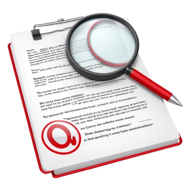 Create an emoji representing editing and proofreading. The design should feature an open document or manuscript with visible text and proofreading marks (such as red underlines or corrections). A red pen or pencil should be placed near the document, symbolizing the act of making edits. Optionally, include a magnifying glass to represent careful review. Use neutral and professional colors like white, black, and red accents to highlight the editing process. Do not include any emojis or smiley faces. Make the background transparent. sticker