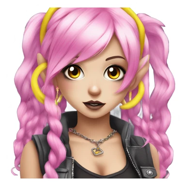 Blue eyed pale hime gyaru girl, hot pink and yellow split-dyed hair, nose ring, elf ears, dark makeup, punk clothes sticker