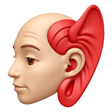 3D iPhone style emoji of a human ear with a “no sound” or “muted” symbol, realistic ear texture, red crossed line over sound waves, isolated on white background, soft shadows, high detail, playful and cute. sticker