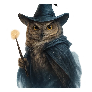 A wizard owl, magical, wearing a pointed hat, holding a wand, detailed feathers, mystical atmosphere. sticker