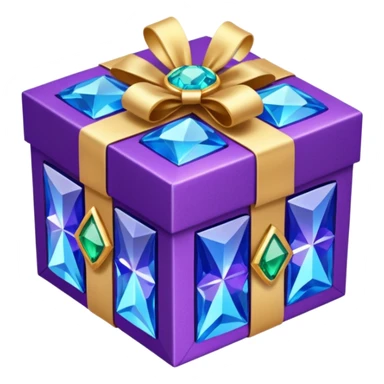  gift box . The square box displays vibrant purple panels with shimmering blue accents and intricate metallic detailing along its borders. Embed decorative gemstones and crystals at each corner for added visual interest. sticker