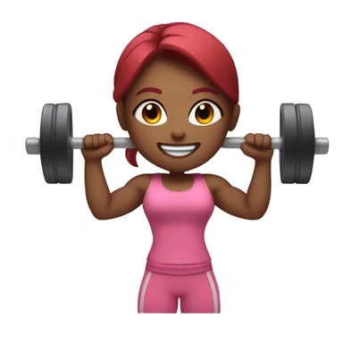Gym girl lifting weights, pink skin, long and dark red hair, eyes closed, smiling sticker