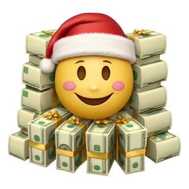 A festive 3D emoji style yellow smiley face wearing a Santa hat, surrounded by stacks of cash and dollar bills, joyful expression, Christmas and New Year theme, high quality, clean design, studio lighting, no text, no background, isolated object, transparent background, emojis.com style sticker