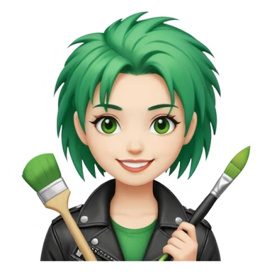 punk-girl with green hair in leather jacket with brush smiling  sticker