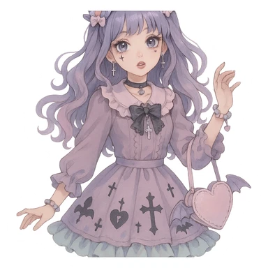 gothic K-pop girl, dreamy pastel goth style, soft colors with gothic details, whimsical pose, cute accessories sticker
