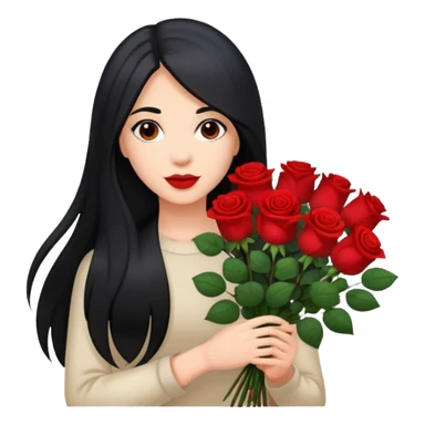 A beautiful girl with long black hair holding a bouquet of roses sticker