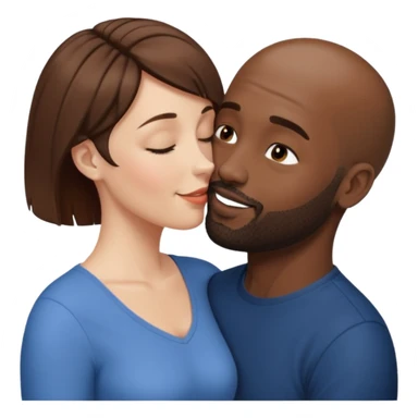a white woman with short brown hair and a black man with no hair and a beard are facing one each other.  The woman is giving a kiss to the man's forehead sticker