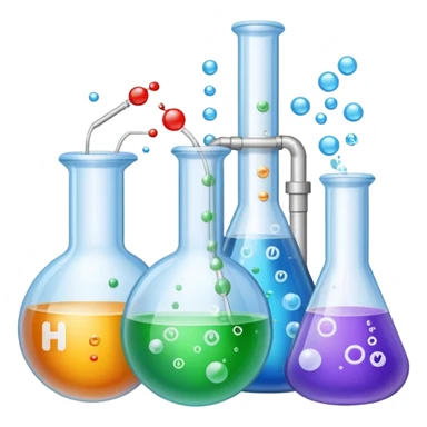 An icon featuring laboratory flasks with tubes, symbolizing chemistry. The design includes liquid and powder substances, a chemical reaction with bubbles, and molecular formulas, representing chemical processes like hydrolysis. Transparent background sticker