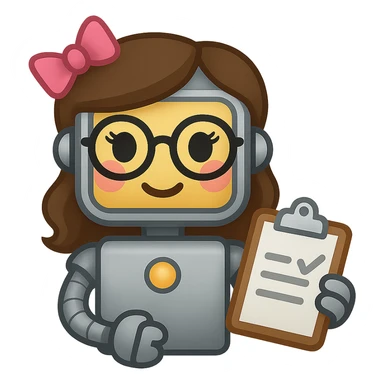 Make the recruiter robot emoji even cuter and more feminine with different hairstyles and accessories like bows or glasses. Style should be apple style, flat, and metallic. The robot is holding a clipboard. Transparent background. sticker