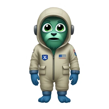 A yeti with big eyes wearing a khaki green flight suit with blue hands and feet sticker