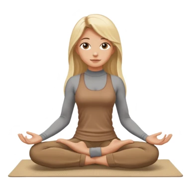 Blonde long hair girl sitting on a beige rug doing yoga, brown clothes sticker