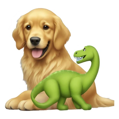 A golden retriever playing with a big dinosaur stuffed animal sticker
